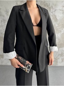 Resim Genel Markalar Kadın Blazer Ceket Siyah Astarlı Kol İçi Çizgili Katlama Detaylı 