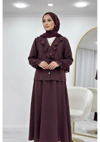 Resim Lovie Moda Fırfır Yaka Düğmeli Kol Büzgülü Etekli Takım Kahverengi 