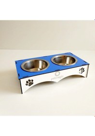 Resim Petmagic Ahşap 2'li Mama Kabı İkili Ahşap Çelik Mama Kabı - Mavi 