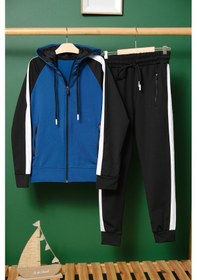 Resim Unisex Şerit Detaylı Kapüşonlu Çocuk Eşofman Takımı Saks 