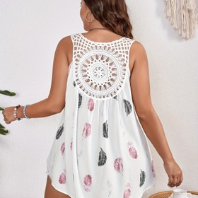Resim Plus Beden, Plus Beden Kadınlar İçin Yazlık V Yaka Dantel Kesimli Üst - Doğal Desenli, Hafif Esnek Polyester, Asimetrik Etek ve Makinede Yıkanabilir Günlük Giyim 