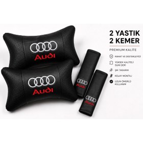 Resim BsElektronik Audi Kırmızı Beyaz Logolu Papyon Yastık Boyun Yastığı + Emniyet Kemeri Kılıfı Takım 