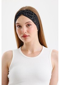 Resim Kadın Çapraz Bağlamalı Pamuklu Penye, Kaymaz, Yumuşak, Esnek, Saç Bandı Bandana - Tek Ebat / Siyah Figürlü Siyah Figürlü 