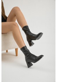 Resim Neolit Taban Suni Deri Sivri Burunlu Fermuarlı Kadın Siyah Topuklu Bot Tbfzlcmc100 Siyah 