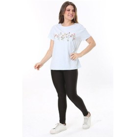 Resim Şans Büyük Beden Bebe Mavisi Pamuk Kumaş Ön Baskılı Kısa Kollu Bluz 65n37807-bebe Mavisi Bebe Mavisi 
