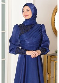Resim Raika Moda Omuz Ve Kol Detaylı Yağmur Tesettür Büyük Abiye Lacivert 