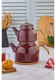 Resim Emaye Özel Tasarım Yapışmaz Yüzey Büyük Boy Demlik Seti Emaye Çaydanlık Üst 1.4 L Alt 2.6 L Bordo 