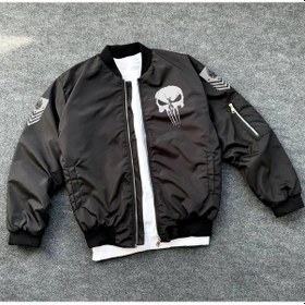 Resim Siyah Askeri Tarz Bomber Mont Unisex, Punisher Skull Detaylı, Fermuarlı, Cepli, Uzun Kollu, Bahar Siyah 