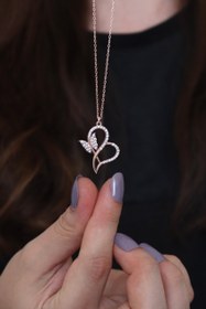 Resim Kadın Kalp ve Kelebek Tasarım 925 ayar Gümüş Kolye 