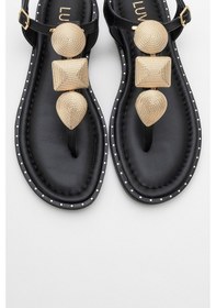 Resim Luvishoes Luvi Shoes Helen Siyah Hakiki Deri Parmak Arası Gold Tokalı Kadın Sandalet Siyah 