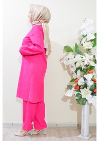 Resim Deryam Tekstil Kadın Sofya Keten Tunik Pantolon Takımı Pembe 42 Beden Pembe 