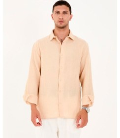 Resim R-6048 Ayaklı Yaka Arka Roba Detaylı Uzun Kol Müslin Gömlek Bej 