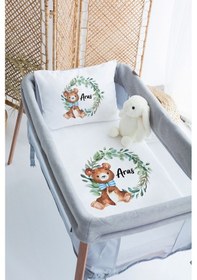 Resim Lilabio %100 Pamuk Saten İsme Özel İsimli 70x120 Park Yatak Nevresim Seti Papyonlu Ayıcık 