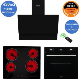 Resim Eminçelik ve Afm Tech Markalı/ Duo Elektrikli Vitro. Siyah Ankastre Set (VC640 +FM7700+FM3400) 