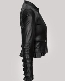 Resim Hakiki Deri Siyah Fırfırlı Fermuarlı Kadın Deri Ceket Siyah 