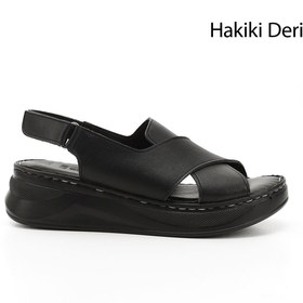 Resim GÖNDERİ(R) Kadın / Kız Siyah Cırt Bantlı Dolgu Topuklu Hakiki Deri Comfort Sandalet 