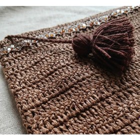 Resim Myballistore Kağıt İpten El Örgüsü Clutch Kahverengi Püskül Detaylı Astarlı Çanta 