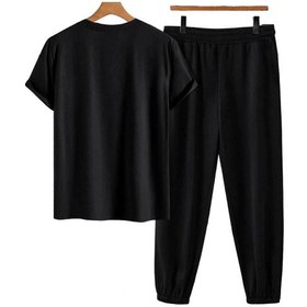 Resim Unisex Bisiklet Yaka Slogan Baskılı Siyah Tişört Ve Siyah Eşofman Altı 2'li Set A Siyah 