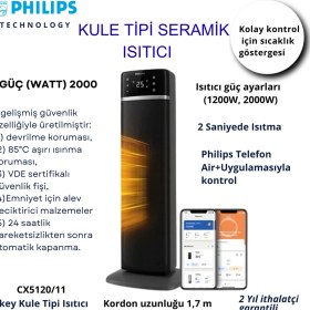 Resim Philips 5000 Serisi 2000 Watt Akıllı Kule Tipi Seramik Isıtıcı CX5120/11 Iki Saniyede Hızlı Isıtma 