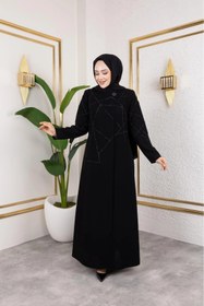 Resim Butik Siyah Petek Krep Kumaş Taş Detaylı Fermuarlı Ferace Modelimiz 