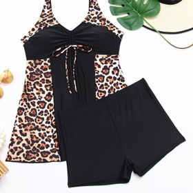 Resim Kadınlar için Büyük Beden Leopar Desenli Tankini Mayo Seti - Örgü Kumaş Askılı Üst, Bağcıklı, V-Yaka, Çıkarılabilir Göğüs Dolgusu, Yüksek Esneklik, Şık Tarz, Pullover Placket, Şort Alt - 200g/m² Kumaş Ağırlığı 