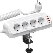 Resim 8'i 1 Arada Çoklu Priz, Bireysel Anahtarlı, Kelepçeli 4 Yollu Masa Prizi, Ev ve Ofis için USB-C 2'li ve USB-A 2'li, Bahar Kablosu (Yaklaşık 2m'ye Uzayan) 