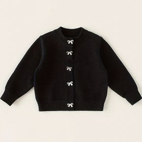 Resim Kızlar için Esnek Siyah Örgü Hırka Beyaz Kemik Düğmeli Ön Plaket - Gençler & Gençler İçin Uzun Kollu Yuvarlak Yaka Günlük Kazak, Tüm Sezon Katmanlama Vazgeçilmezi, Kızlar için Kazaklar, Genç Modası, Dayanıklı Dikiş, Genç Giyim, Gençlerin Giysileri 