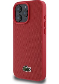 Resim İphone Uyumlu 16 Pro Kılıf Lacoste Lisanslı Pu Pike Desenli İkonik Timsah Dokuma Logolu Kırmızı 