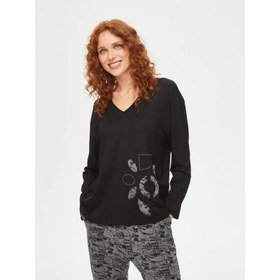 Resim Faik Sönmez Önü Patch Detaylı V Yaka Uzun Kol T-shirt 69571 (U69571) 