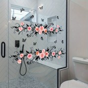 Resim Pembe Gül ve Siyah Kelebek Duvar Çıkartmaları, Oturma Odası, Banyo, Yatak Odası için Şık Çift Taraflı Cam Etiketler - Plastik Malzeme, Elektrik Gerektirmez 