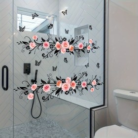 Resim Pembe Gül ve Siyah Kelebek Duvar Çıkartmaları, Oturma Odası, Banyo, Yatak Odası için Şık Çift Taraflı Cam Etiketler - Plastik Malzeme, Elektrik Gerektirmez 