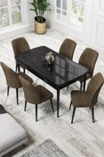 Resim Canisa Par Serisi 70x114, Açılabilir Mdf Yemek Masası Siyah Mermer Desen Masa Ve 6 Kahve Sandalye Takımı 