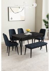 Resim Mabel Siyah Mermer Desen 80x132 Açılabilir Yemek Odası Takımı 4 Sandalye, 1 Bench Antrasit 