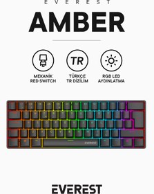 Resim Everest Amber Type-C Bağlantılı RGB Ledli Mekanik Gaming Oyuncu Klavye Q Red Switch 