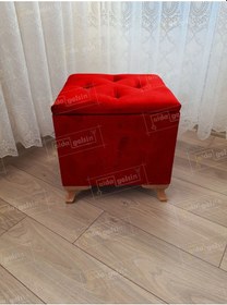 Resim Lüks Sandıklı Tabure Puf 45 X 45 Cm Ceviz Ayak Kırmızı 