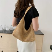 Resim 1 adet Vintage Örgülü Tote Çanta - Büyük Kapasiteli, Omuz ve Plaj Çantası, Manyetik Kapanışlı, Polyester Astarlı, Sabit Askılı Tasarım, Siyah, Açık Kahverengi, Kahverengi, Beyaz 