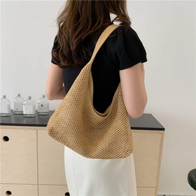 Resim 1 adet Vintage Örgülü Tote Çanta - Büyük Kapasiteli, Omuz ve Plaj Çantası, Manyetik Kapanışlı, Polyester Astarlı, Sabit Askılı Tasarım, Siyah, Açık Kahverengi, Kahverengi, Beyaz 