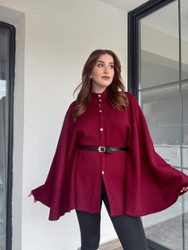 Resim Kemerli düğmeli panço-BORDO - STD 