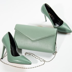 Resim SOFT FASHION Kadın Su Yeşili Cilt Stiletto & Çanta Kombin Ince Yüksek Topuklu - Topuk 10 Cm 