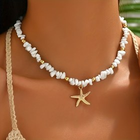 Resim 1 adet Bohemian Doğal Taş Boncuklu Denizyıldızı Kolye - Renkli Taş Detayları, Çinko Alaşımlı, Partiler ve Hediyeler için Mükemmel, Plaj Tarzı, Tüm Mevsimler İçin Uygun 