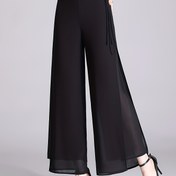 Resim Kadınlar için Hafif Çift Katmanlı Şifon Geniş Paça Pantolon - Siyah Yarı Saydam Yüksek Bel Bağcıklı, İlkbahar Yaz Sonbahar İçin Bol Kesim, Günlük ve Resmi Kıyafetler, Sonbahar Casualwear, Zarif Tasarım 