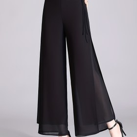 Resim Kadınlar için Hafif Çift Katmanlı Şifon Geniş Paça Pantolon - Siyah Yarı Saydam Yüksek Bel Bağcıklı, İlkbahar Yaz Sonbahar İçin Bol Kesim, Günlük ve Resmi Kıyafetler, Sonbahar Casualwear, Zarif Tasarım 