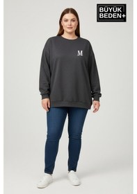 Resim Süperlife Kadın Büyük Beden M Baskılı Bisiklet Yaka İnce Sweatshirt Spr26bswk956-13 Antrasit 