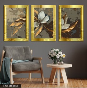 Resim Evinemoda Yağlı Boya Görünümlü Gold Yapraklı Çiçek 3 Parça Gold Pleksi Aynalı Tablo 