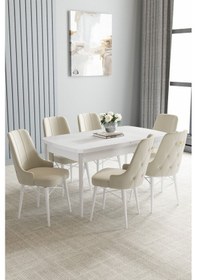 Resim Jusie Beyaz 80x132 Açılabilir Yemek Odası Takımı 6 Adet Sandalye Krem 