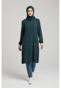 Resim Ece Giyim Kadın Bisiklet Yaka Önü Boncuk Detaylı Yazlık İnce Ayrobin Tunik Zümrüt 