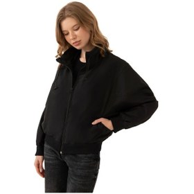 Resim Spor Kadın Dik Yaka Su Ve Rüzgar Geçirmez Oversize Crop Mevsimlik Yağmurluk Rüzgarlık Siyah 