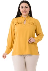 Resim DISENTIS MODEST Büyük Beden Yaka Ve Göğüste Fırfır Detaylı Yanı Yırtmaçlı Hardal Bluz 