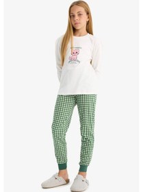 Resim Defacto Kız Çocuk Pijama Takımı Baskılı Uzun Kollu Üst Kareli Uzun Alt F1083a825auer105 Ekru 