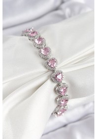 Resim Pirinç Zirkon Taşlı Pembe Kalp Baget Model Gümüş Renk Vıp Seri Kadın Bileklik - Tj-bb7501 Çok Renkli 